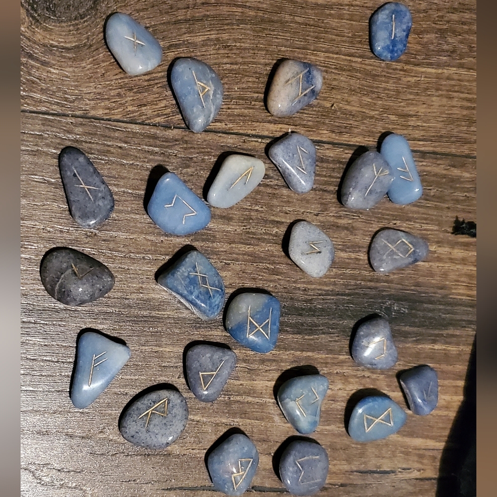 Carved Blue and Gold Crystal Rune Set